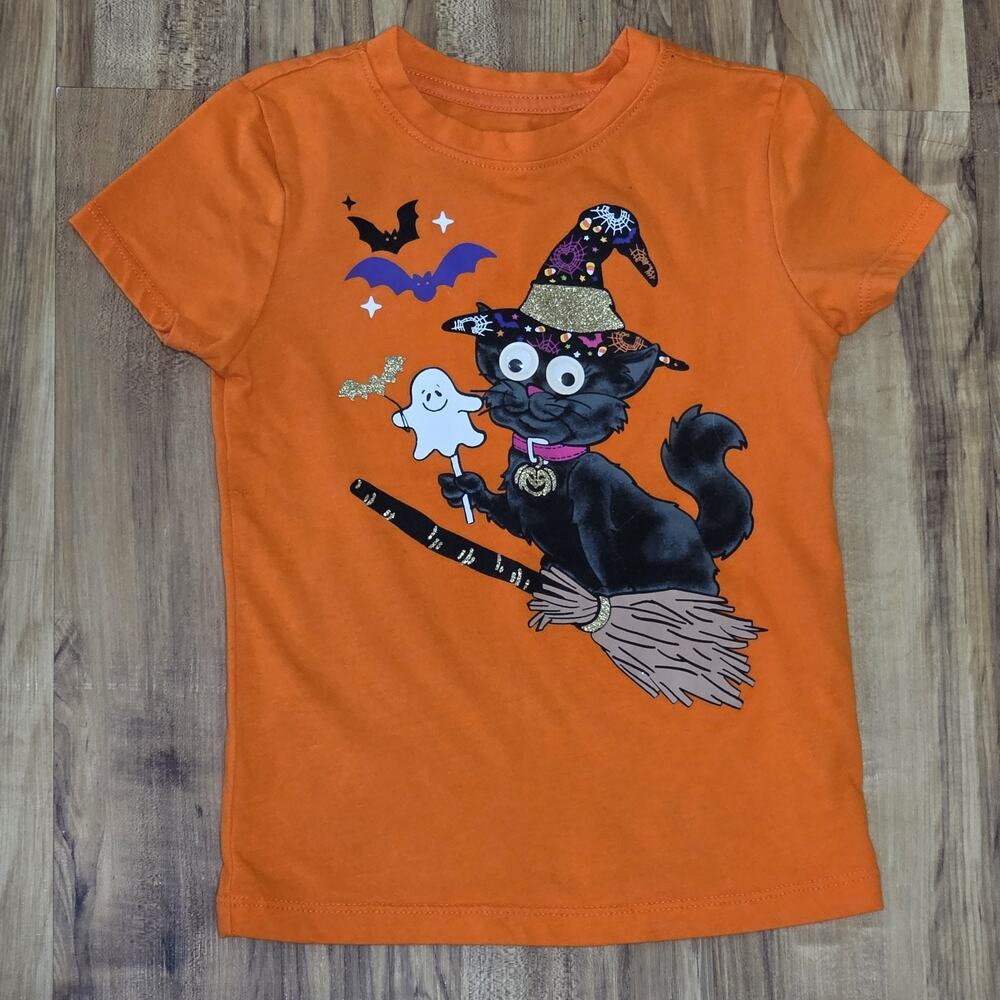 Way to Celebrate Halloween Girls Orange Black Cat Witch T-Shirt Size XS 4-5